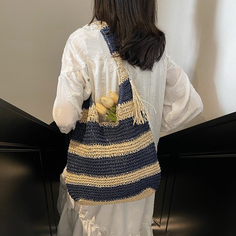 Summer Woven Bag Women'S Fashion Holiday Beach Bag Casual Bucket Bag Retro Contrast Color Underarm Bag - Image 3