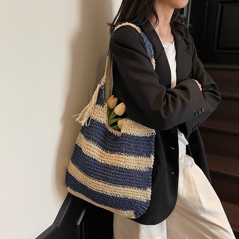 Summer Woven Bag Women'S Fashion Holiday Beach Bag Casual Bucket Bag Retro Contrast Color Underarm Bag - Image 5