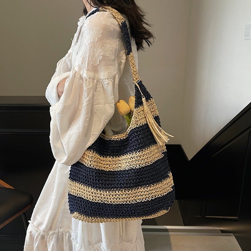 Summer Woven Bag Women'S Fashion Holiday Beach Bag Casual Bucket Bag Retro Contrast Color Underarm Bag - Image 4