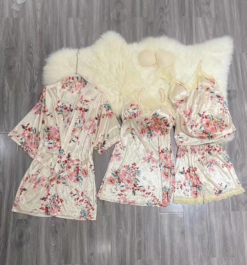 Sensual Womens Summer 2023 Ice Silk Sleepwear Set 023 Champagne four-piece set 