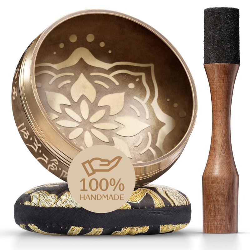 Handmade Tibetan Etched Singing Bowl Set Sound Bowl Meditation Bowl with Cushion Mallet Guide Mindfulness Gift Ideas Relaxation Instruments Portable Meditation Kit