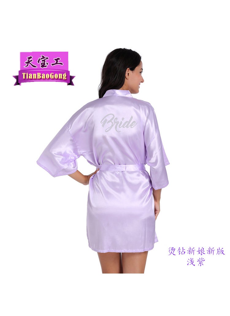 Generic Ladies Solid Color Silk Cardigan Robe Rhinestone Bride Wedding Makeup Sleepwear Pure Color Bridal Morning Robe Light purple 