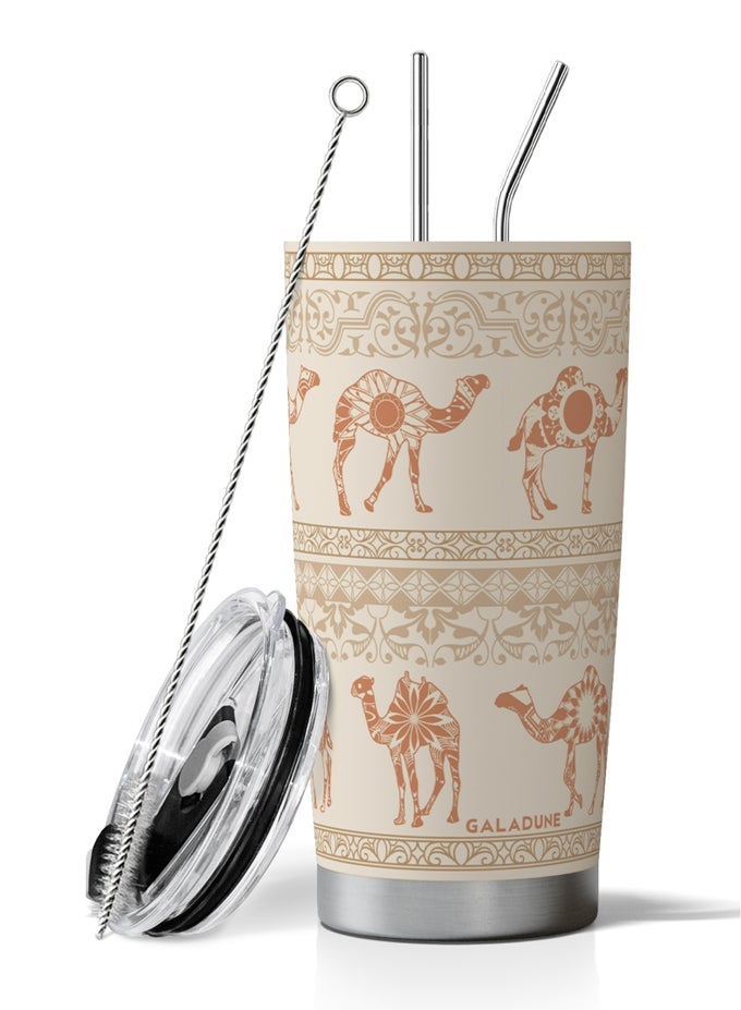 20OZ VACUUM INSULATED TRAVEL MUG  STAINLESS STEEL COFFEE TUMBLER WITH STRAW, LEAKPROOF & CAR CUP HOLDER FRIENDLY, KEEPS DRINKS COLD & HOT, LIGHT CAMEL