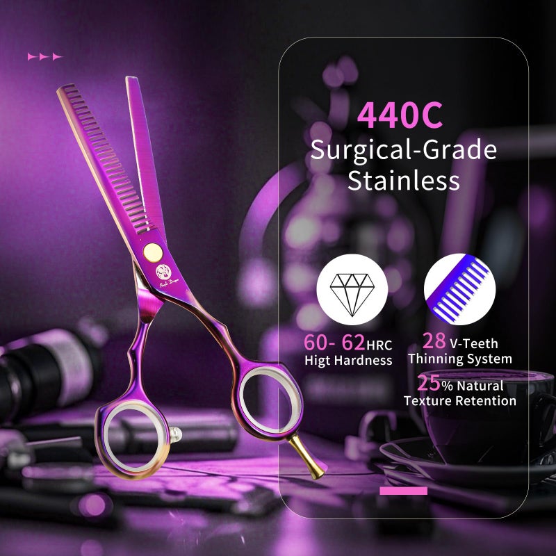 Purple Dragon 5.5 inch Hair Cutting Scissors Set with Razor, Leather Scissors Case, Barber Hair Cutting Shears Hair Thinning/Texturizing Shears for Professional Hairdresser or Home Use (Purple) - Image 3