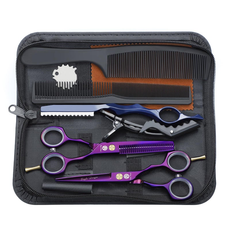 Purple Dragon 5.5 inch Hair Cutting Scissors Set with Razor, Leather Scissors Case, Barber Hair Cutting Shears Hair Thinning/Texturizing Shears for Professional Hairdresser or Home Use (Purple) - Image 1