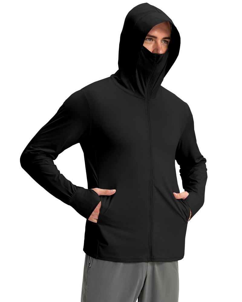 Locachy Mens UPF 50 Sun Protection Jacket Hooded Lightweight Full Zip Long Sleeve Cooling Hiking Fishing Performance Shirts Black L - Image 2