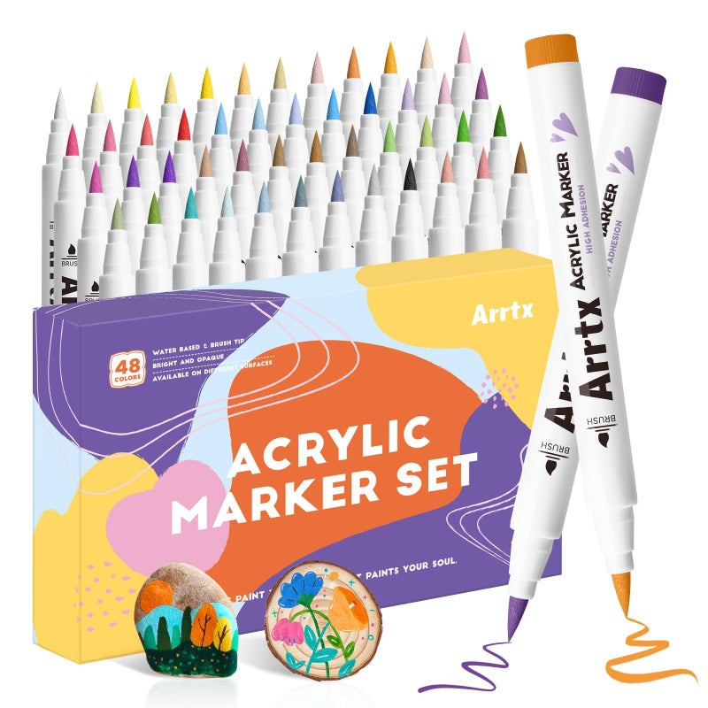Arrtx 48 Colors Acrylic Marker, for Rock Painting, Extra Brush Tip Markers Paint Pens, Art Supplies, Fabric Paint, Art Markers, Waterproof Paint DIY Crafts Making& 48E - Image 1