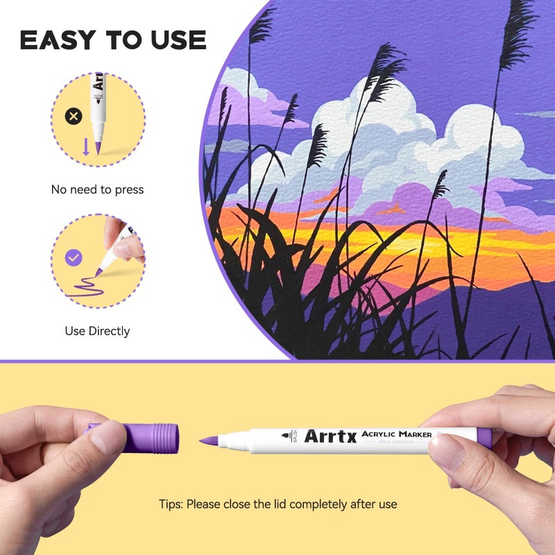 Arrtx 48 Colors Acrylic Marker, for Rock Painting, Extra Brush Tip Markers Paint Pens, Art Supplies, Fabric Paint, Art Markers, Waterproof Paint DIY Crafts Making& 48E - Image 3