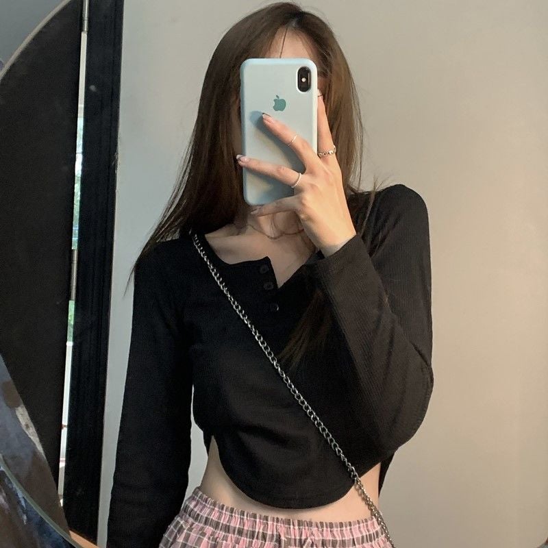 Niche Design Sense White Long-sleeved T-shirt Women's 2021 Autumn Slim-fit Tiny Machine Knitted Shirt Instagram Style Short Top Trendy - Image 1