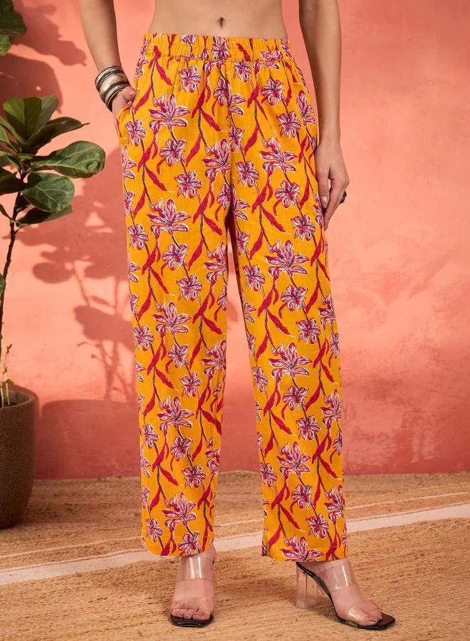 SASSAFRAS SASSAFRAS Yellow Floral Cambric V Neck Kurta, Pencil Pants and Dupatta Set
