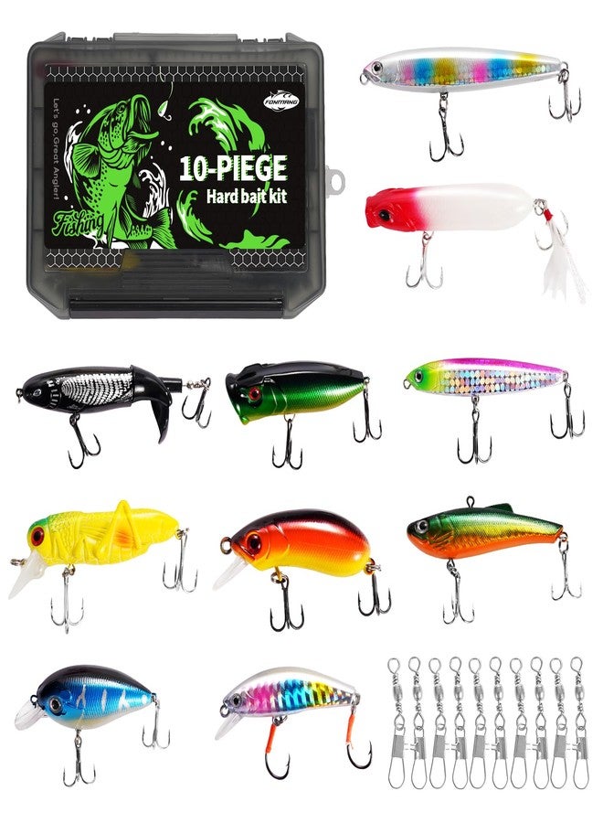 FONMANG Fishing Lures- 10- pcs Hard Bait Fishing kit Mixed with Minnow Popper Crank Bait top Water Lures for bass Walleye Trout for Saltwater and Freshwater