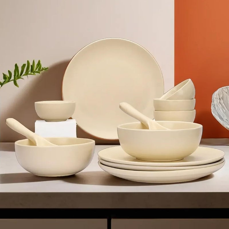 The Better Home طقم عشاء سيراميك تيرا من ذا بيتر هوم 12 قطعة هدية ديوالي أطباق وأوعية آمنة في الميكروويف مجموعة أدوات مائدة مقاومة للتشقق هدايا تدفئة منزلية منزل جديد للزوجين كريم - Image 1