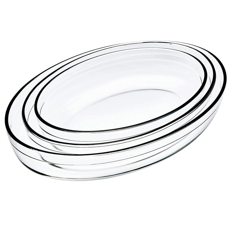 PrimeWorld Glass 3 Pcs Oval Borosilicate Baking Dish Rectangular Serving Tray Bowl Microwave and Oven Dish Clear (2500 Ml, 1600 Ml, 700 Ml)) - Image 1
