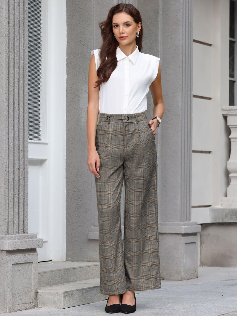 Hobemty Women's Plaid Work Pant Vintage Houndstooth Wide Leg Straight Long Trousers Large Grey Brown - Image 2