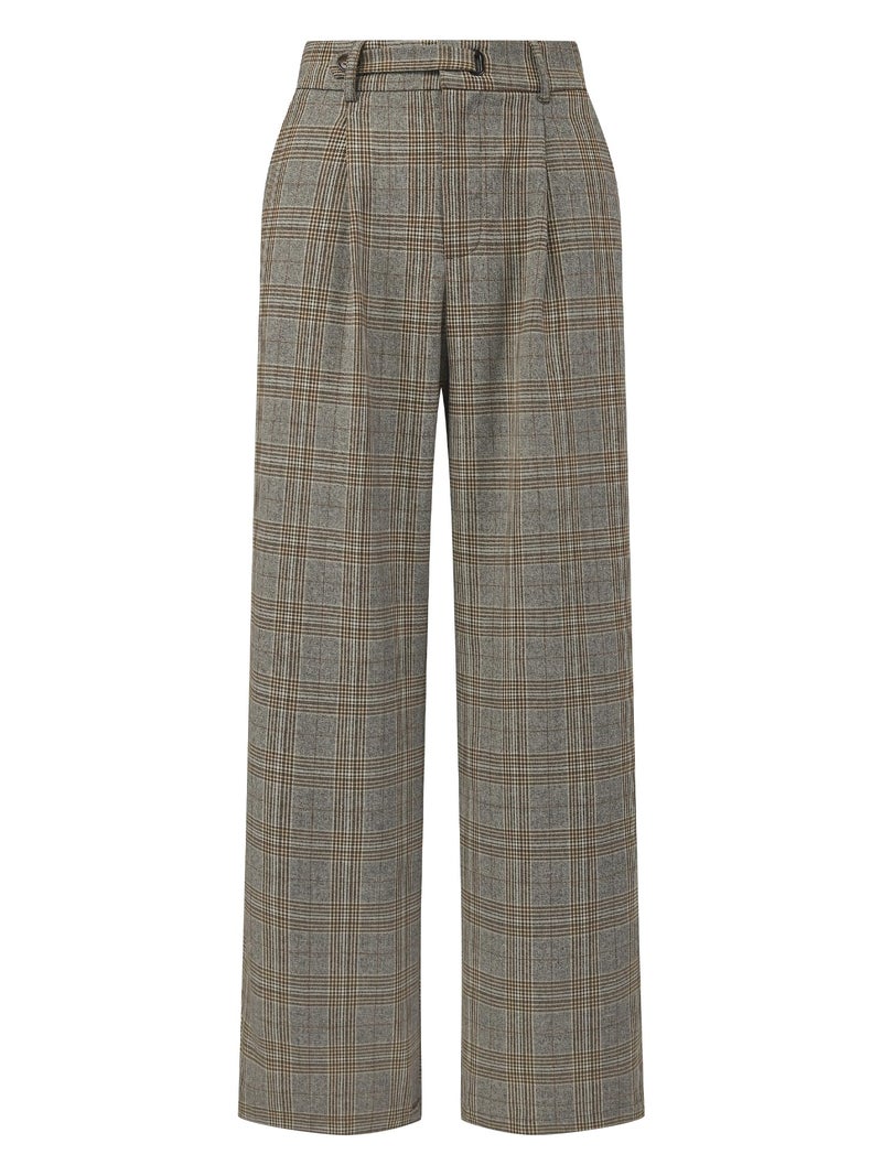 Hobemty Women's Plaid Work Pant Vintage Houndstooth Wide Leg Straight Long Trousers Large Grey Brown - Image 1