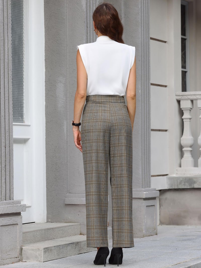 Hobemty Women's Plaid Work Pant Vintage Houndstooth Wide Leg Straight Long Trousers Large Grey Brown - Image 5