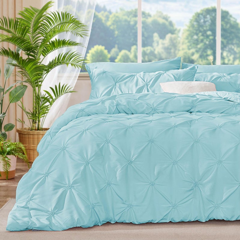 BEDELITE Macaron Blue Queen Comforter Set  3 Pieces Boho Pintuck Bedding Comforter Sets Lightweight Soft  Warm Bed Comforter Queen with 2 Pillowcases for All Season