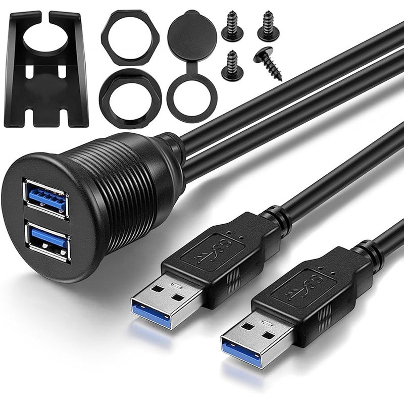ICESPRING 2 Ports Dual USB 3.0 Male to USB 3.0 Female AUX Flush Mount Car Mount Extension Cable for Car Truck Boat Motorcycle Dashboard Panel -(3 Feet) - Image 1