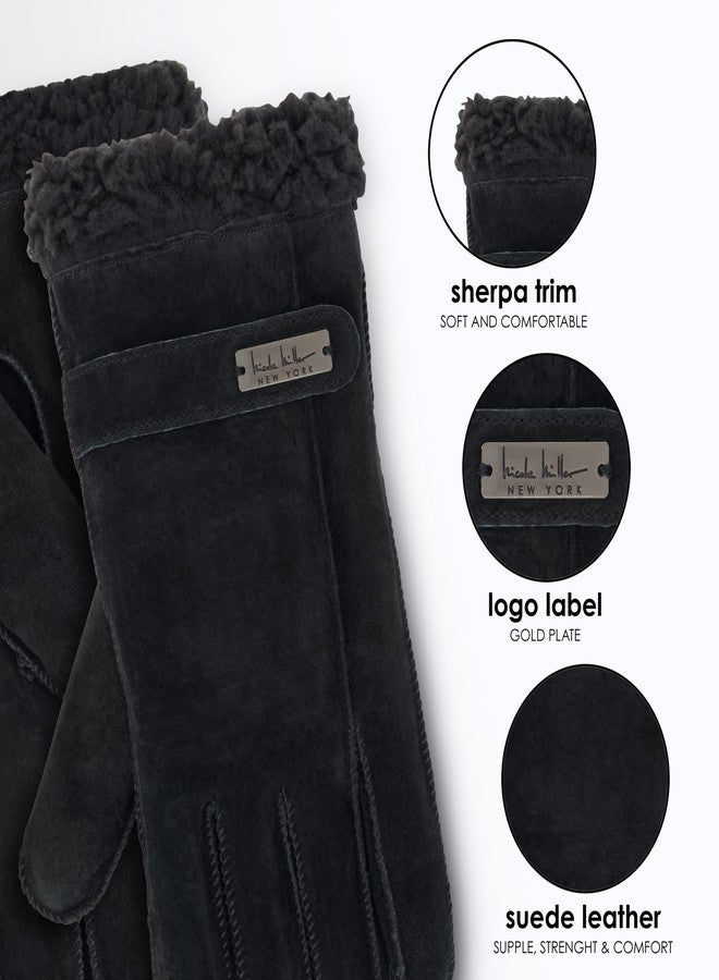 Nicole Miller Winter Gloves Women - Suede Leather Gloves Warm for Cold Weather Sherpa Lined, Black S/M - Image 3