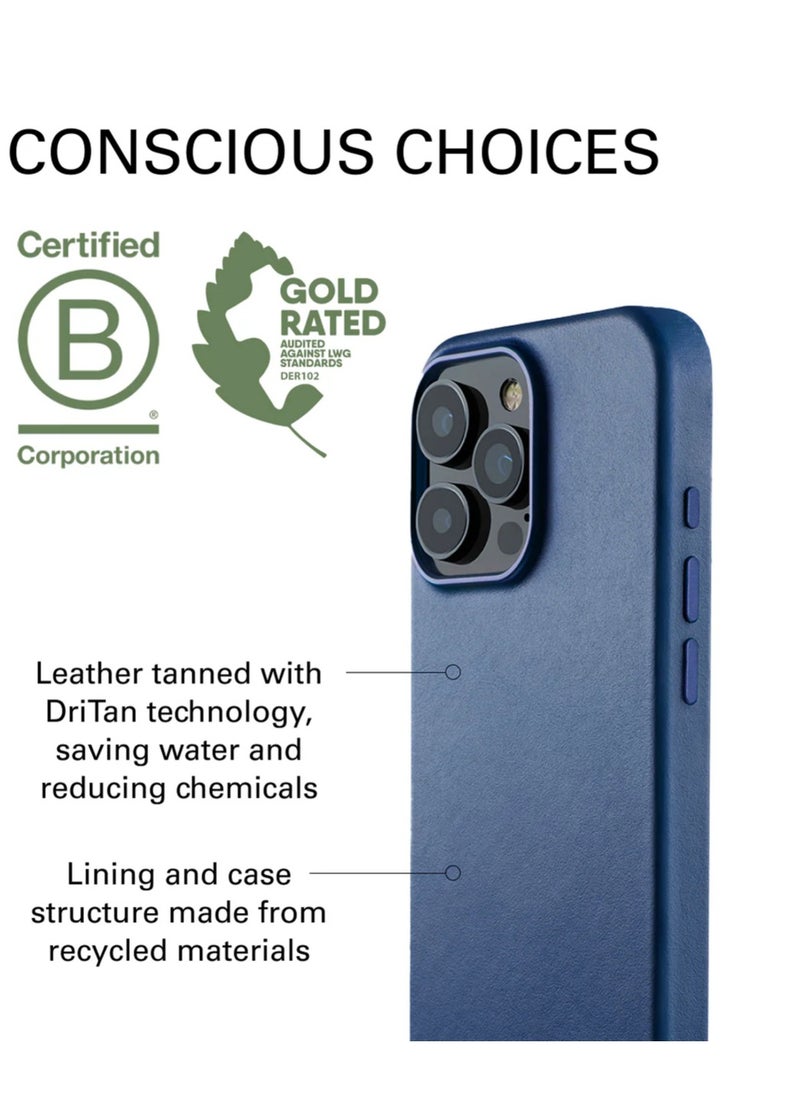 Mujjo - Elevate your iPhone 16 Pro Max with the Full Leather Case in Monaco Blue with MagSafe. Crafted from premium leather, this luxurious case combines elegance and durability, providing a sleek, sophisticated look while offering superior protection. - Image 1