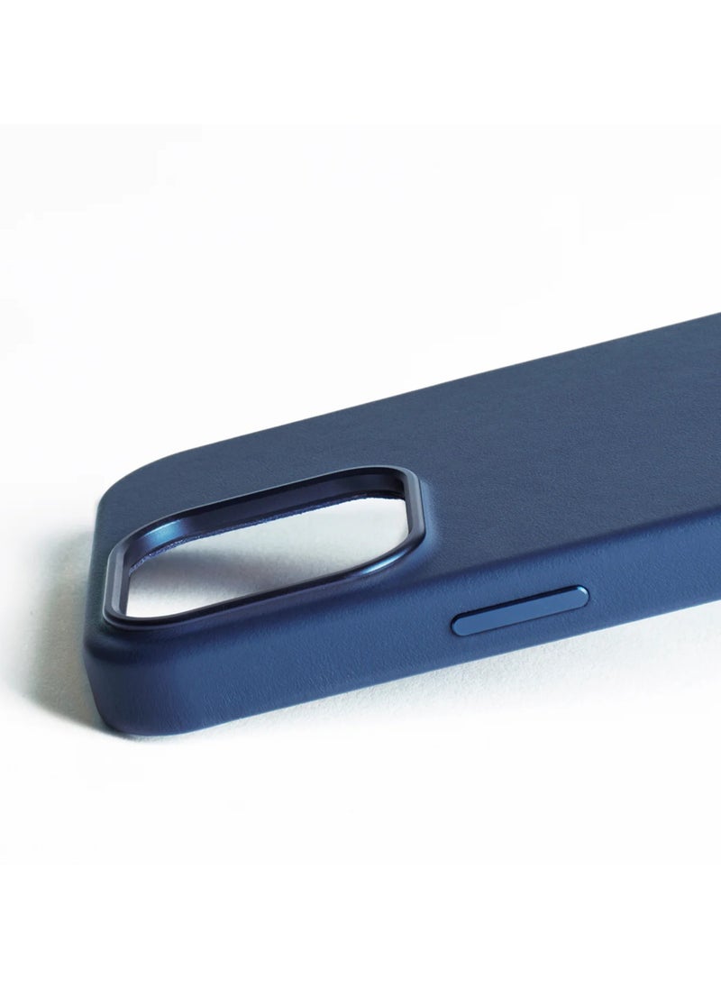 Mujjo - Elevate your iPhone 16 Pro Max with the Full Leather Case in Monaco Blue with MagSafe. Crafted from premium leather, this luxurious case combines elegance and durability, providing a sleek, sophisticated look while offering superior protection. - Image 1