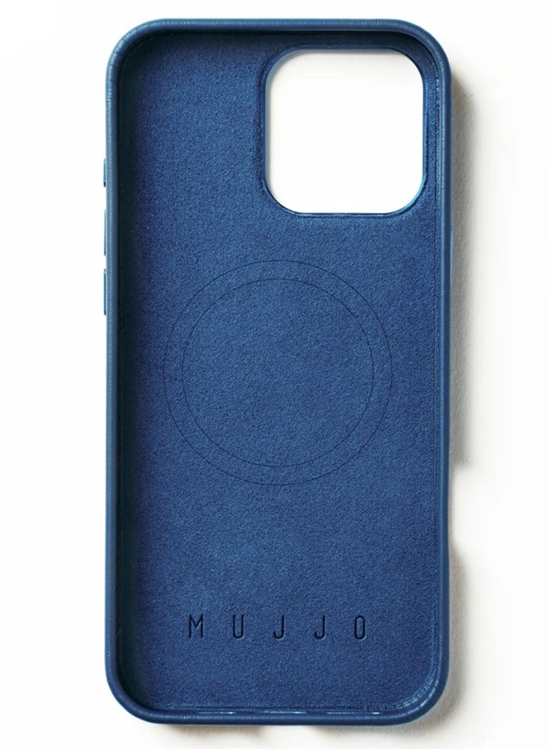 Mujjo - Elevate your iPhone 16 Pro Max with the Full Leather Case in Monaco Blue with MagSafe. Crafted from premium leather, this luxurious case combines elegance and durability, providing a sleek, sophisticated look while offering superior protection. - Image 1