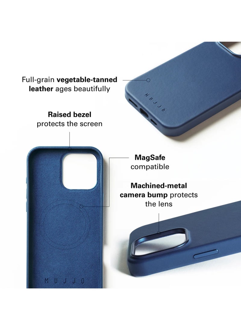 Mujjo - Elevate your iPhone 16 Pro Max with the Full Leather Case in Monaco Blue with MagSafe. Crafted from premium leather, this luxurious case combines elegance and durability, providing a sleek, sophisticated look while offering superior protection. - Image 1