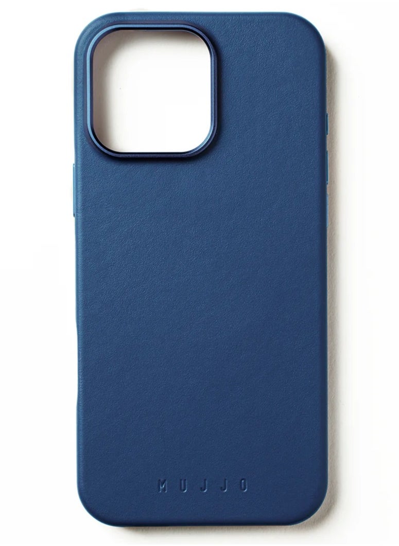 Mujjo - Elevate your iPhone 16 Pro Max with the Full Leather Case in Monaco Blue with MagSafe. Crafted from premium leather, this luxurious case combines elegance and durability, providing a sleek, sophisticated look while offering superior protection. - Image 1