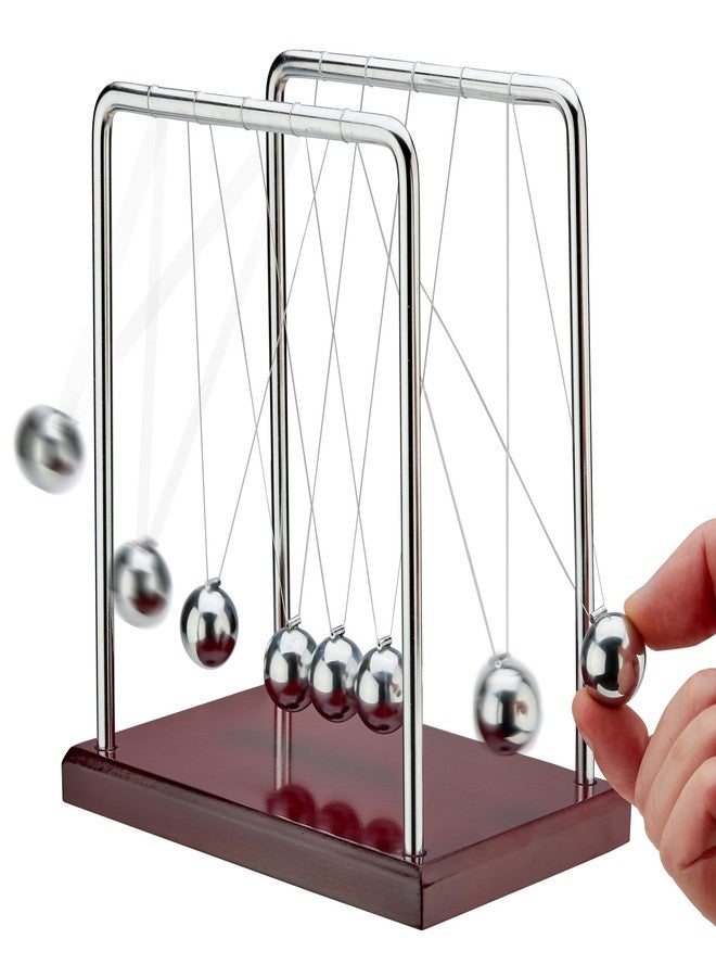 Playbees 5 Beads Newton’s Cradle Balance Balls Desk Toy - Brown Wooden Base Office Decoration, Fun Science Physics Toy for Home, Bedroom, or Living Room - Image 1