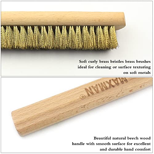 MAXMAN Brass Brush Set 4Pcs, Soft Brass Bristle Wire Brushes with 10 Inch Natural Beechwood Handle, Metal Brush, Wire Brush for Cleaning Rust, Metal Surface, Kitchen, Automotive, Welding, Removes Lint - Image 3