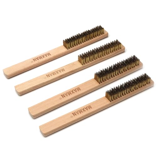 MAXMAN Brass Brush Set 4Pcs, Soft Brass Bristle Wire Brushes with 10 Inch Natural Beechwood Handle, Metal Brush, Wire Brush for Cleaning Rust, Metal Surface, Kitchen, Automotive, Welding, Removes Lint - Image 1