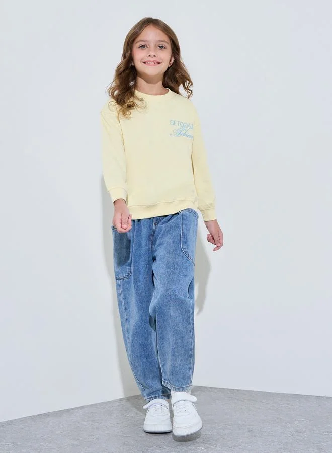 Styli Girls Yellow Embroidered Oversized Sweatshirt