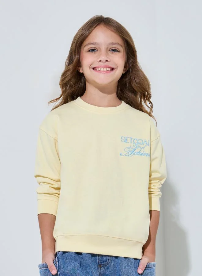 Styli Girls Yellow Embroidered Oversized Sweatshirt