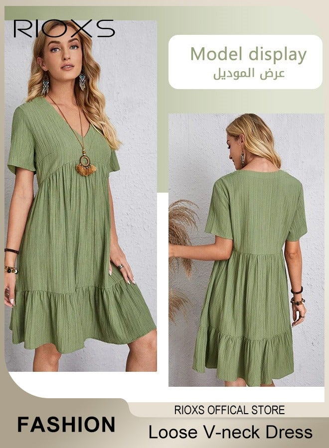 RIOXS Women's Summer Linen Short Sleeve Dress High Waisted Casual Loose V-neck Dress for Beach Party Daily Wear - Image 3