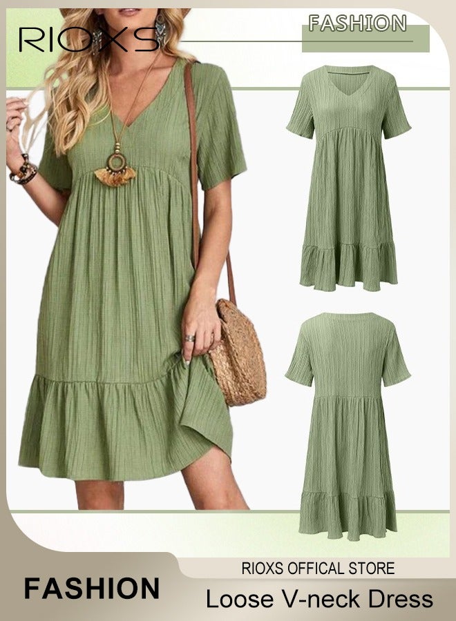 RIOXS Women's Summer Linen Short Sleeve Dress High Waisted Casual Loose V-neck Dress for Beach Party Daily Wear - Image 1