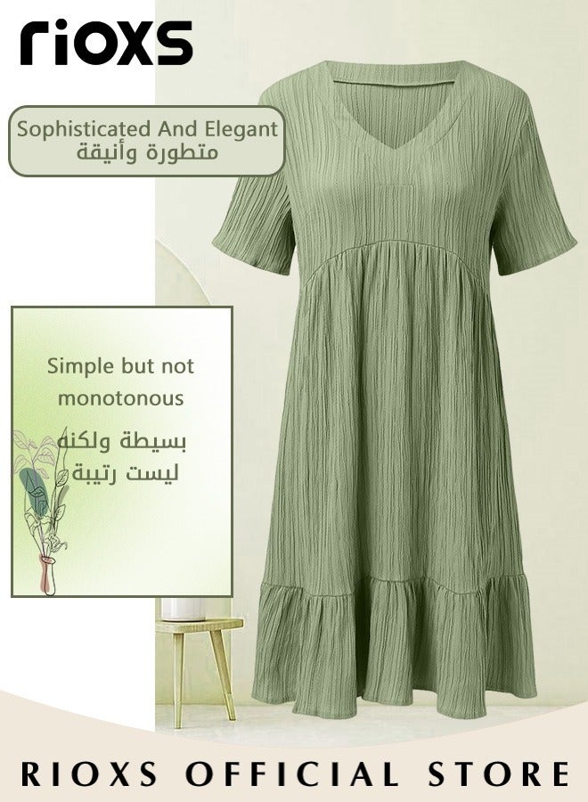 RIOXS Women's Summer Linen Short Sleeve Dress High Waisted Casual Loose V-neck Dress for Beach Party Daily Wear - Image 5