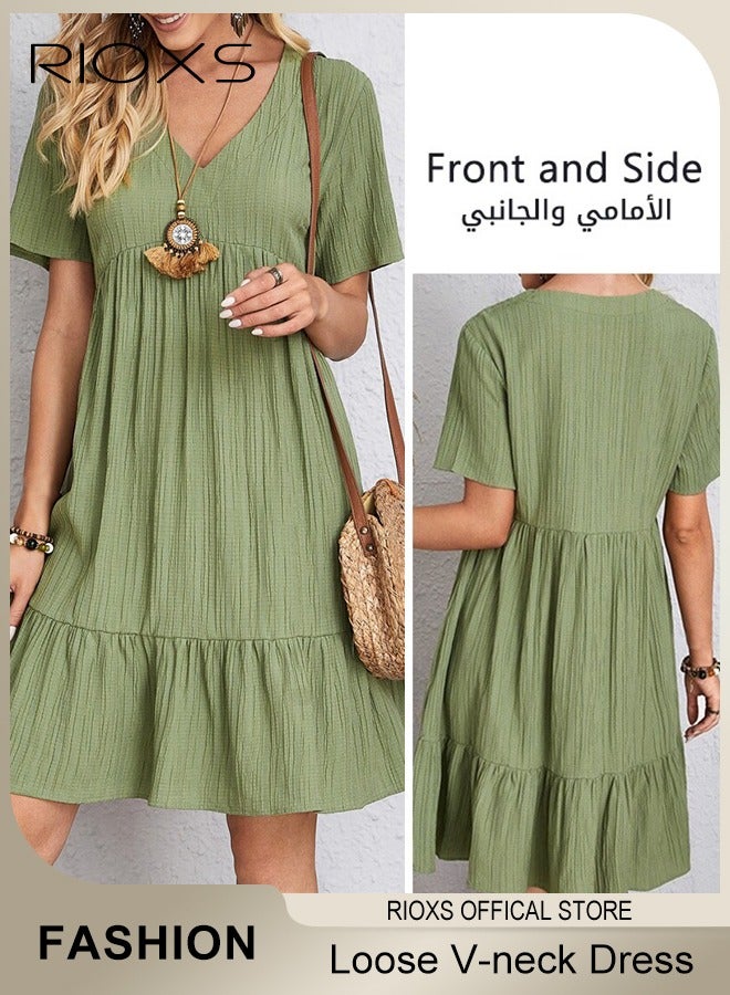 RIOXS Women's Summer Linen Short Sleeve Dress High Waisted Casual Loose V-neck Dress for Beach Party Daily Wear - Image 2