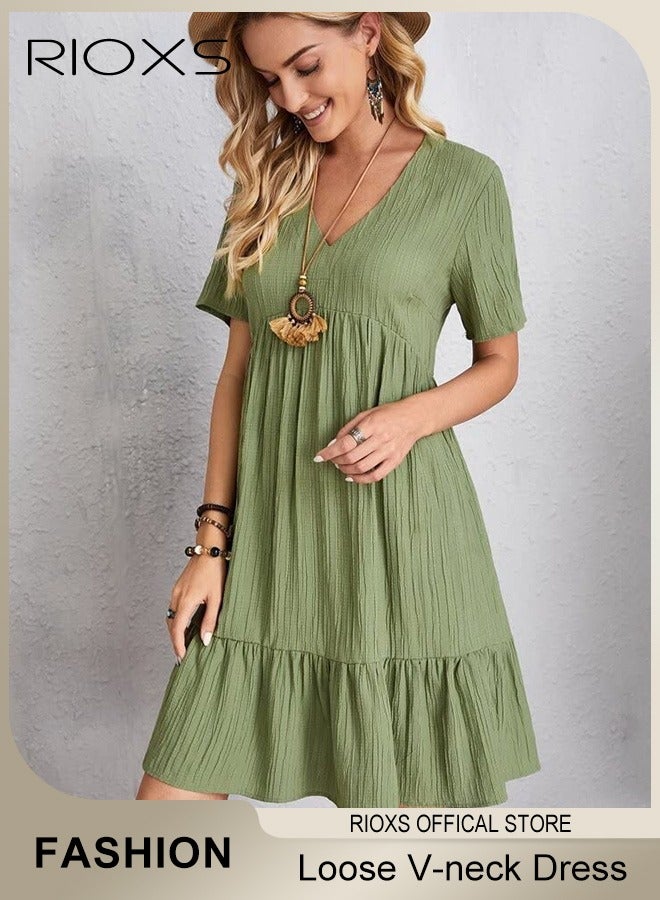 Women's Short Sleeve V-neck Mini Dress, Loose Fit High Waisted A-Line Summer Dress for Ladies, Flowy Casual Ruffle Mini Dress, Comfortable Breathable Linen Dress for Beach Party Vacation Dating Daily Wear and More, Green