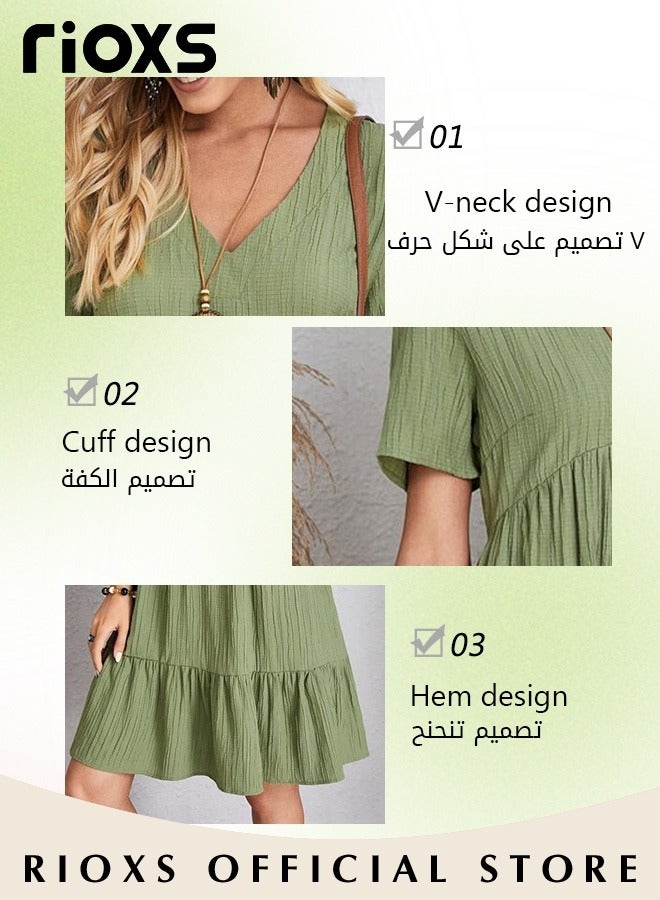 ريوكس فستان قصير بأكمام قصيرة ورقبة على شكل V للنساء، فستان صيفي فضفاض بخصر عالٍ وخط A للسيدات، فستان قصير غير رسمي منسدل، فستان كتان مريح ومسامي للارتداء اليومي في حفلات الشاطئ والعطلات والمواعيد الغرامية وغيرها، أخضر - Image 5