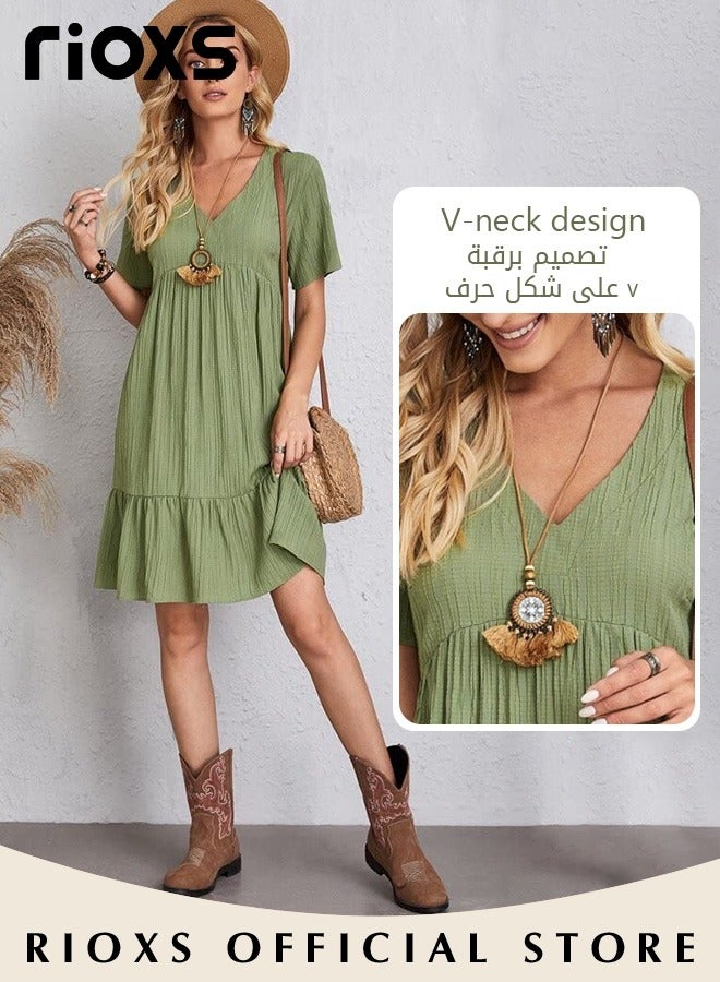ريوكس فستان قصير بأكمام قصيرة ورقبة على شكل V للنساء، فستان صيفي فضفاض بخصر عالٍ وخط A للسيدات، فستان قصير غير رسمي منسدل، فستان كتان مريح ومسامي للارتداء اليومي في حفلات الشاطئ والعطلات والمواعيد الغرامية وغيرها، أخضر - Image 4