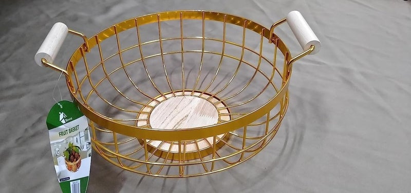 Lavnik Metal Wire Fruit Basket,Geometric Round Fruits & Vegetables Basket, Fruit Basket for Kitchen|,Dining Table Basket for Fruits (29W *12H cm) Golden - Image 2