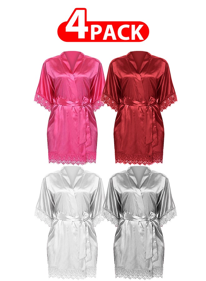 MARGOUN 4 Pack Small Size Women Satin Robe Belted Silky Robe Sleepwear Bridal Robe Kimono Lace Sleeve Nightgown /S(bust:76-80/waist:60-64) - Image 1