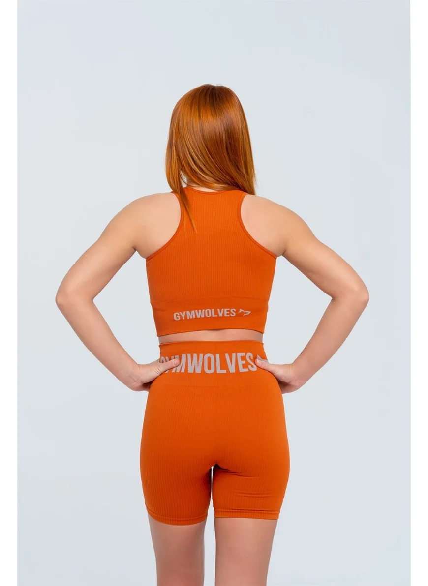 Gymwolves Women's Sports Shorts | Orange | Seamless Sports Shorts | Corduroy |