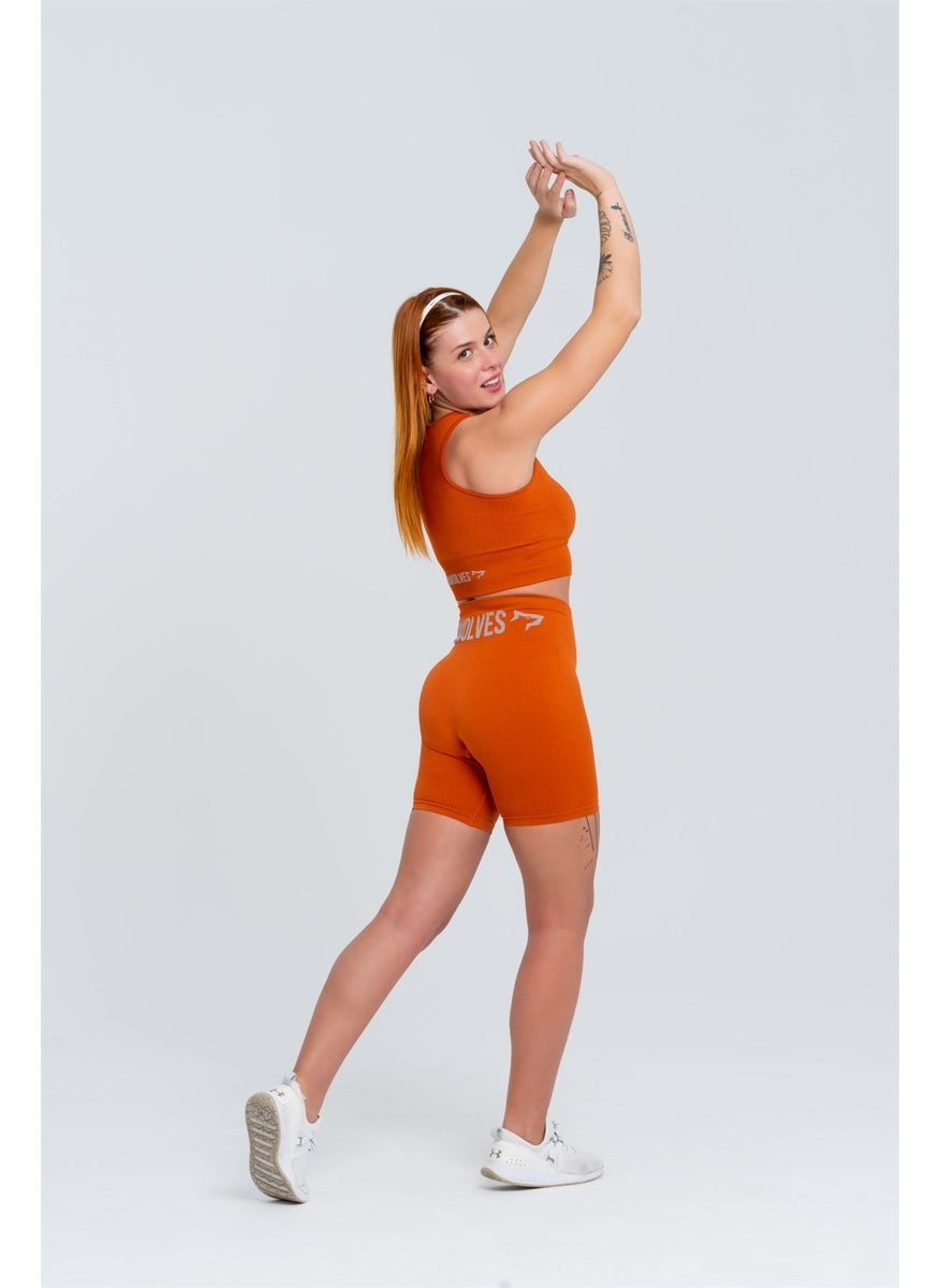 Gymwolves Women's Sports Shorts | Orange | Seamless Sports Shorts | Corduroy |  - Image 4