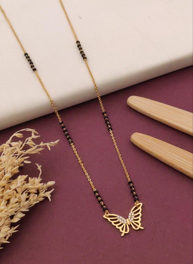 sweeply Elegant Butterfly Design Mangalsutra with Round Stones | Black Beads & Gold-Plated Chain for Women, Daily,Party, Wear Jewelry, Best Birthday Gift, perfect for Anniversary, Mother's Day gift, Valentine Giftt, Gift for Diwali - Image 2