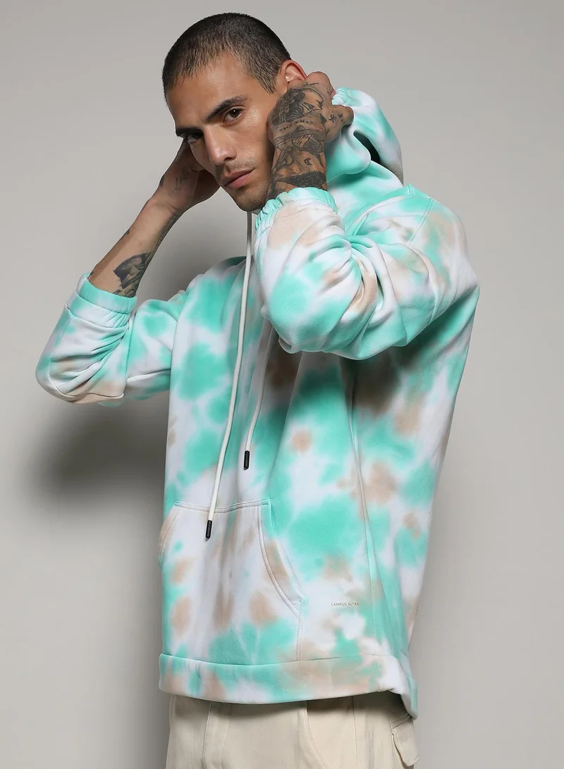 Campus Sutra Men's White & Mint Green Tie-Dye Hoodie With Kangaroo Pocket