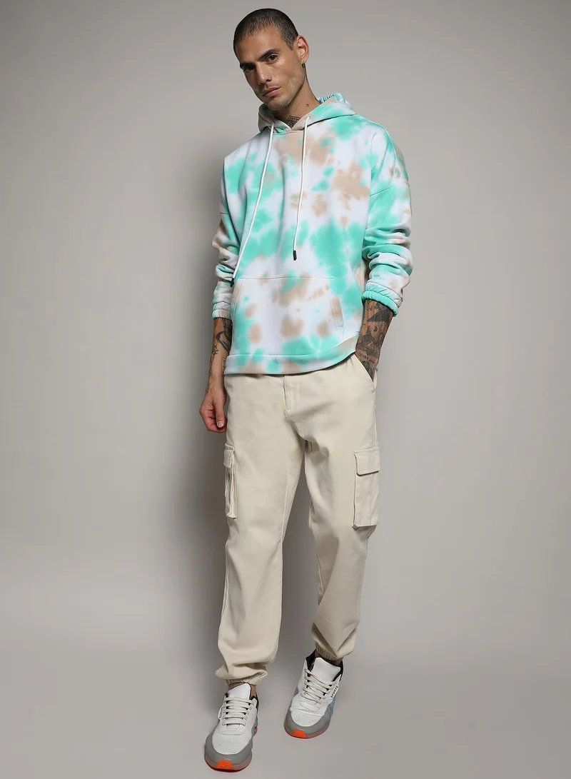 Campus Sutra Men's White & Mint Green Tie-Dye Hoodie With Kangaroo Pocket