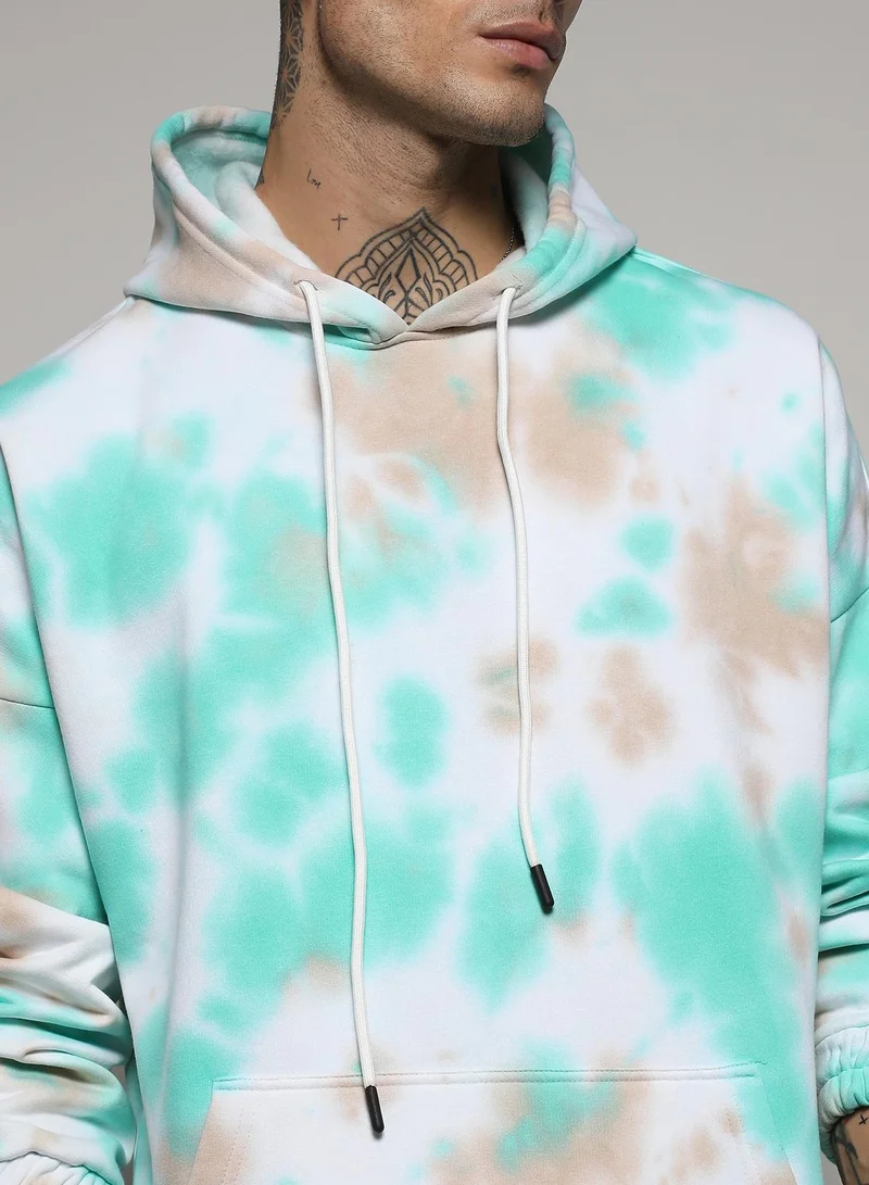 Campus Sutra Men's White & Mint Green Tie-Dye Hoodie With Kangaroo Pocket