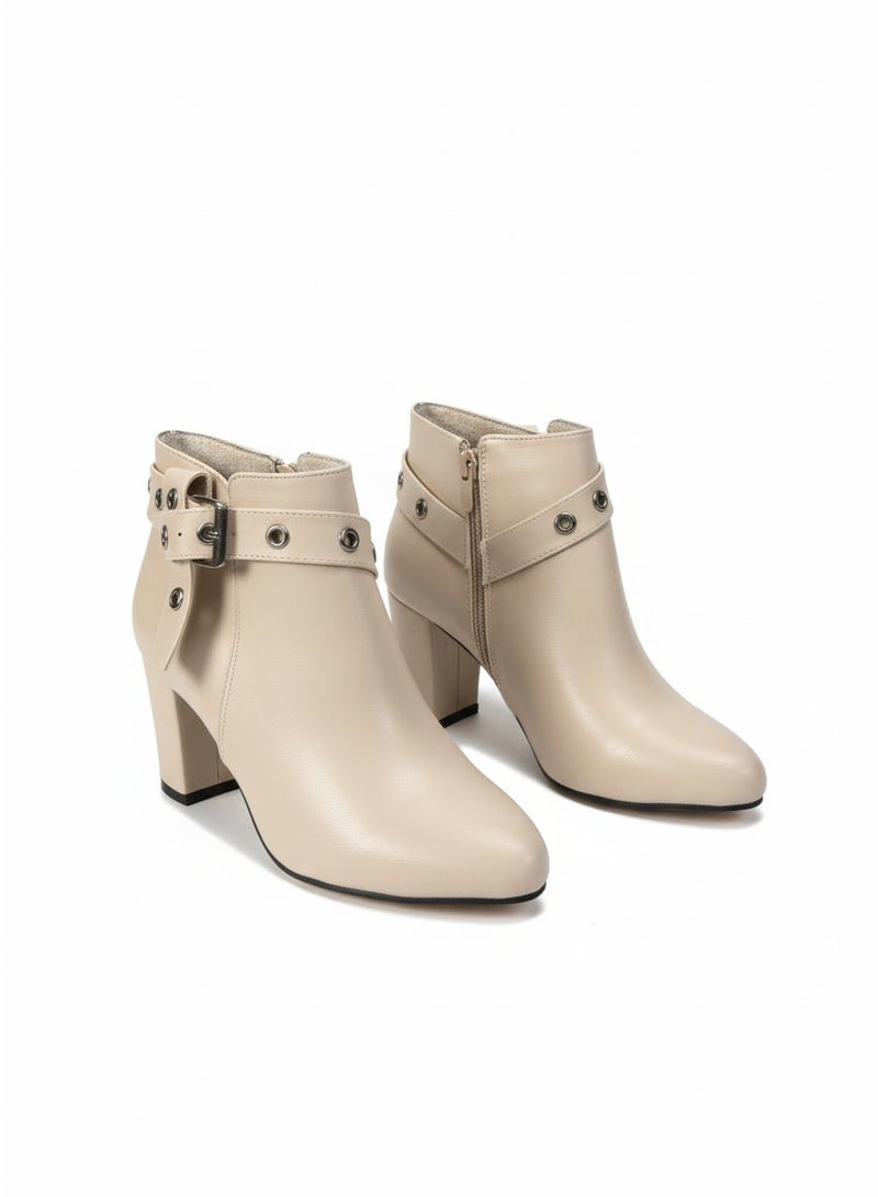 فيبراندا هاف بوت فيونكه جلد كعب عريض-بيج - Image 2