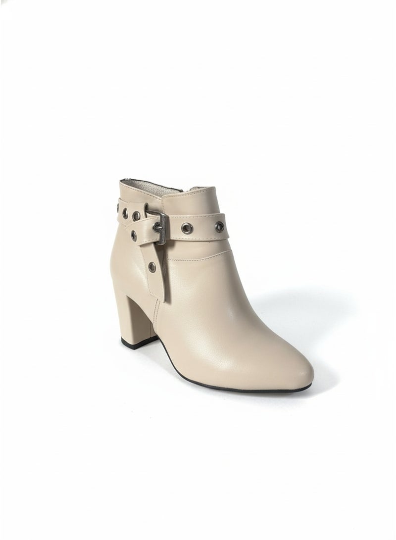 فيبراندا هاف بوت فيونكه جلد كعب عريض-بيج - Image 3